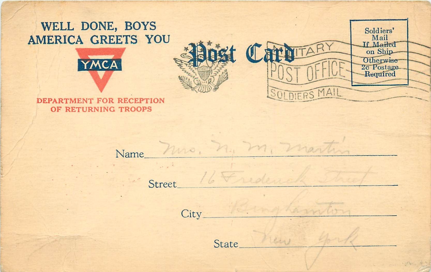 Carte YMCA Well done Boiyes pour New York 1919