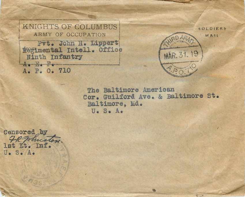 Lettre Cover US Army postal service 1919 Knights of Columbus US Censor