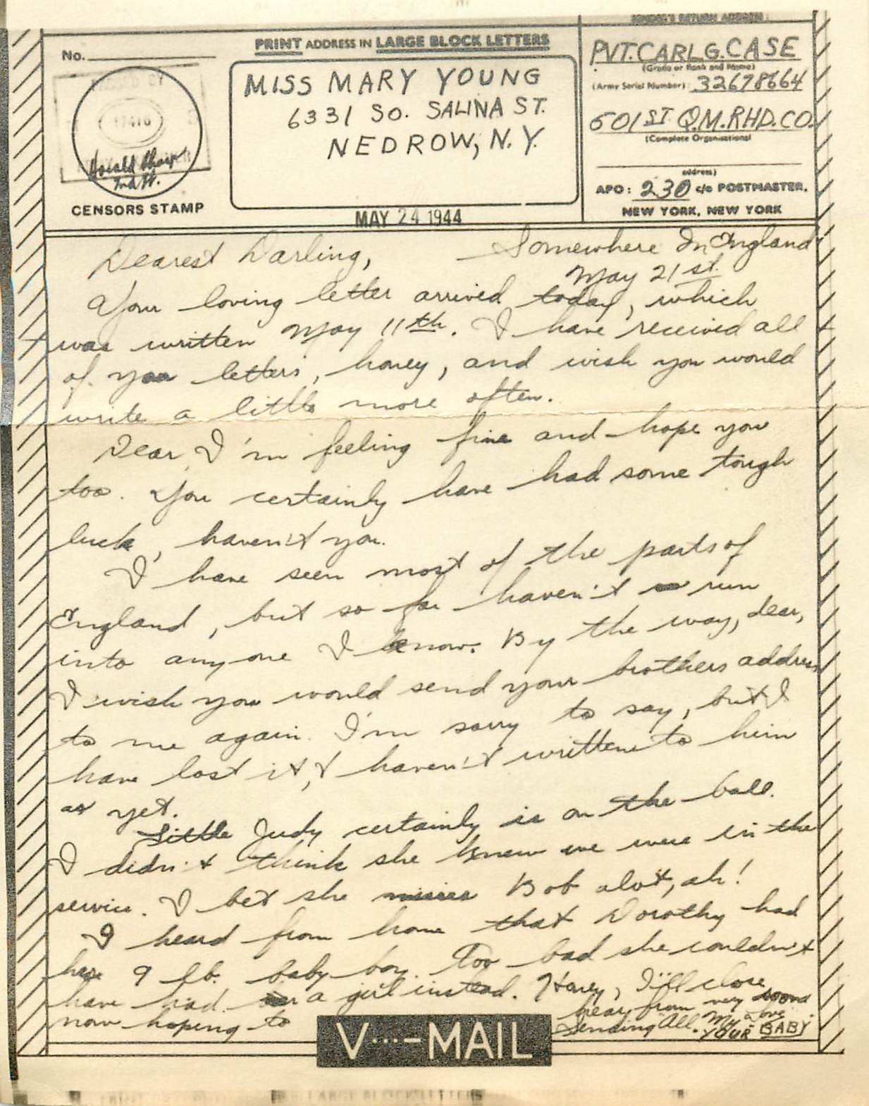 Lettre Miss Mary Young US Censor 1944 Nedrow New York