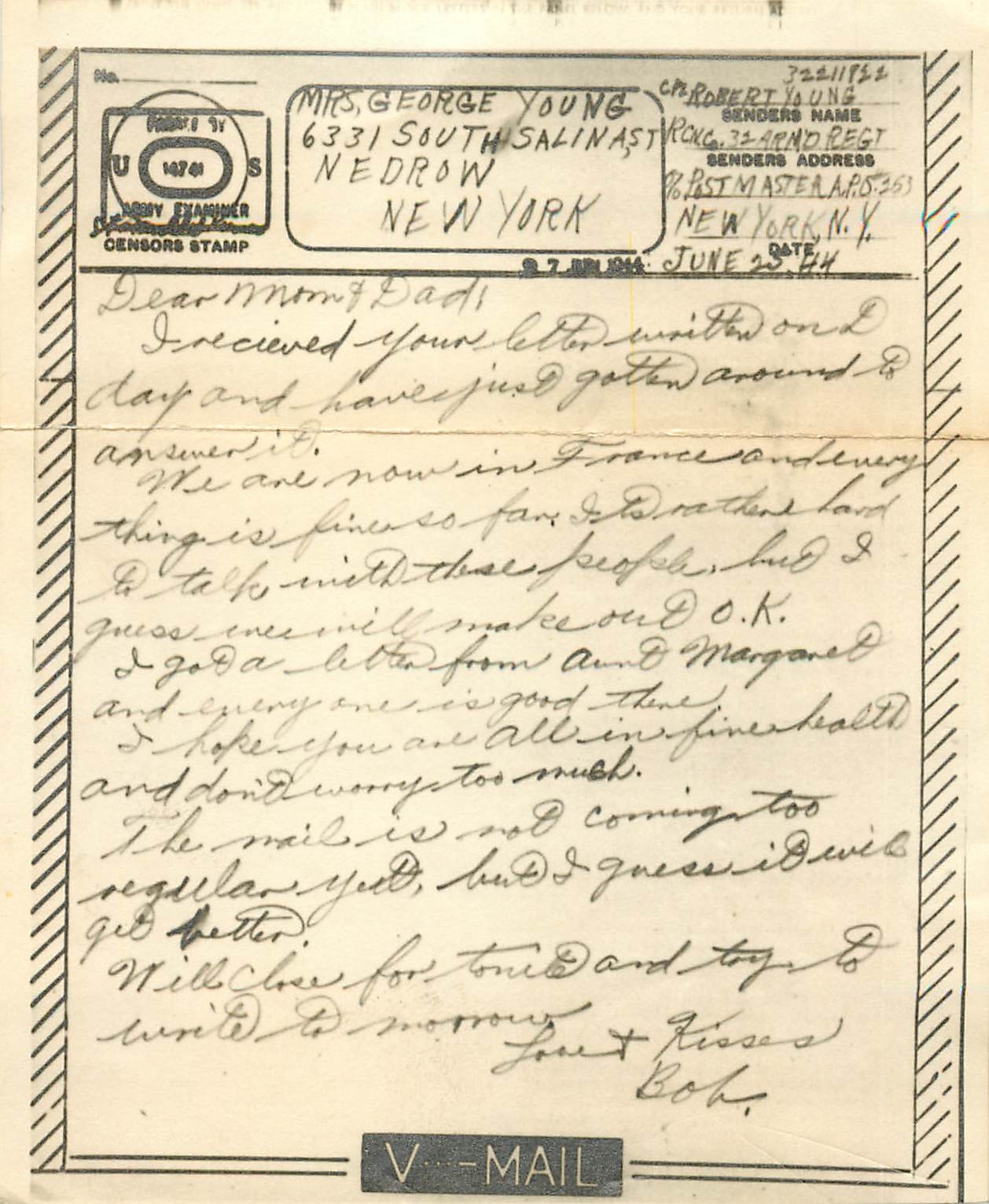 Lettre Miss Mary Young US Censor 1944 Nedrow New York