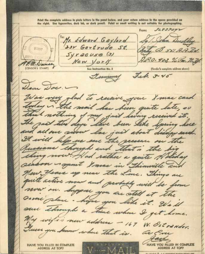 Lettre Miss Mary Young US Censor 1944 Syracuse New York