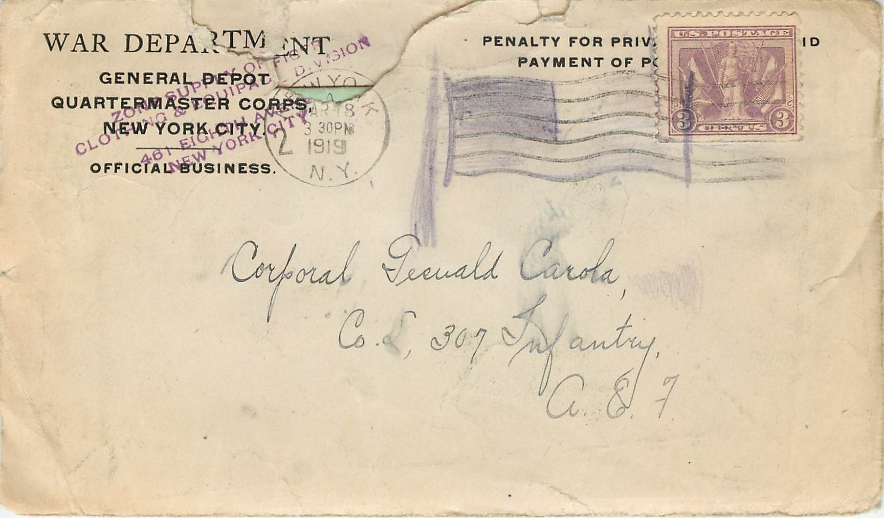 Lettre Cover US Army postal service 1919