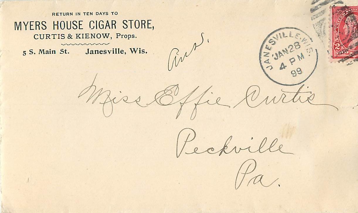 Lettre Cover 1899 Janesville Myers House Cigar Store Curtis & Kienow Tabac