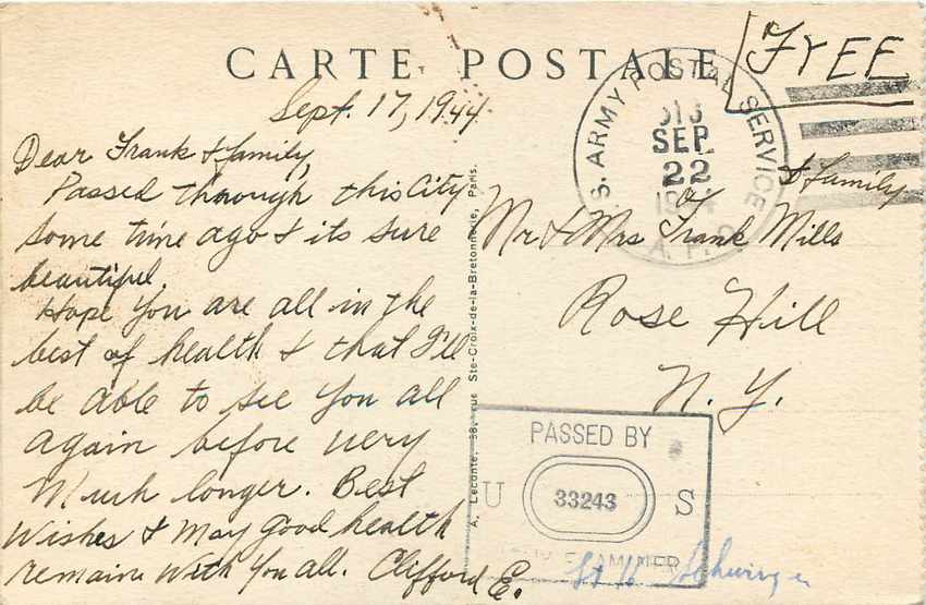 CPA Parix Rue de Rivoli US Censor 1944 — Rückseite