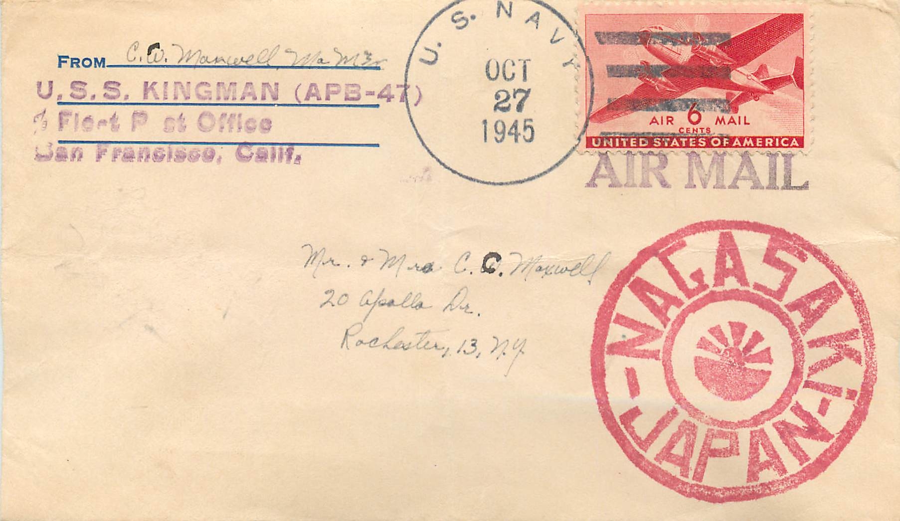 Lettre Cover  US Censor 1945 Nagasaki Japan Nippon