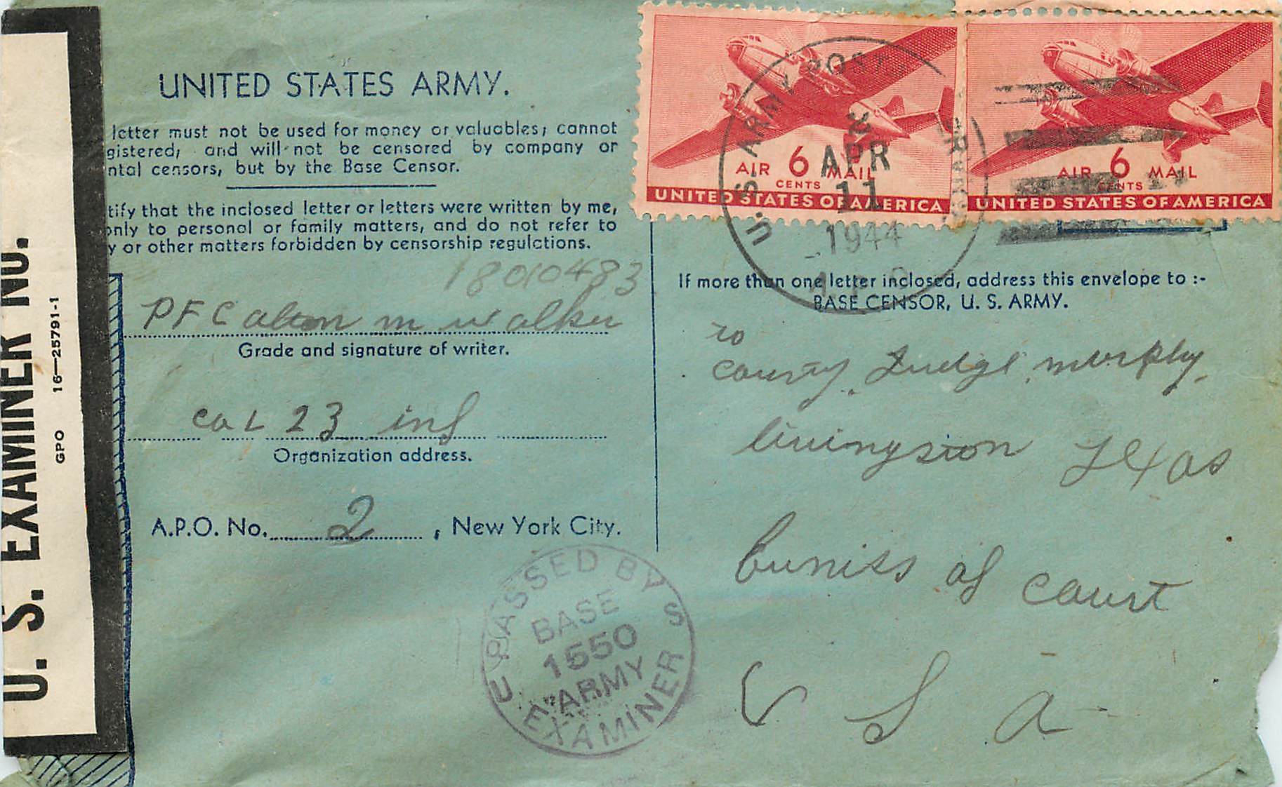 Lettre Cover  US Censor 1944