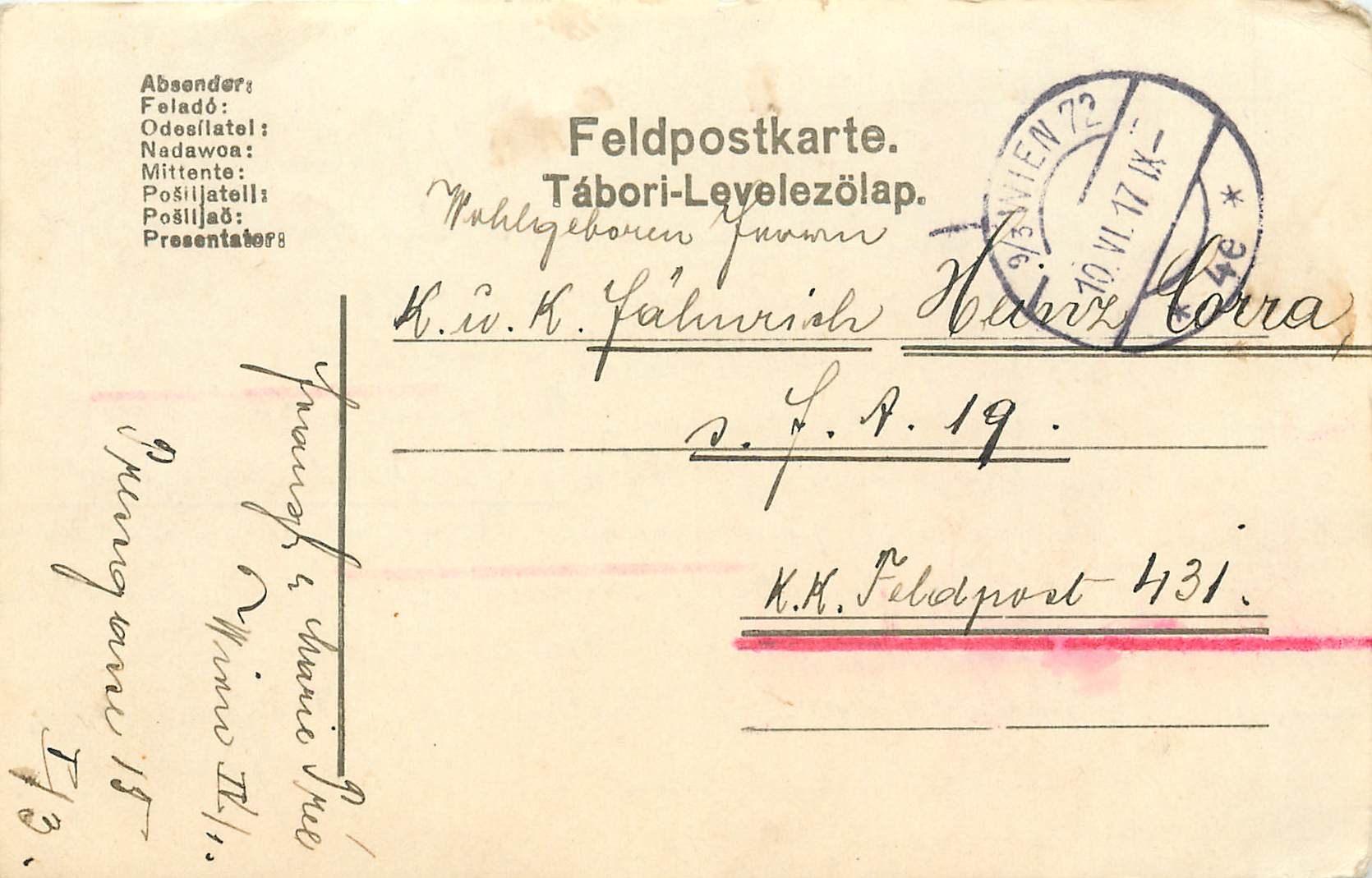 Lettre Cover Hongrie 1917 Militaria