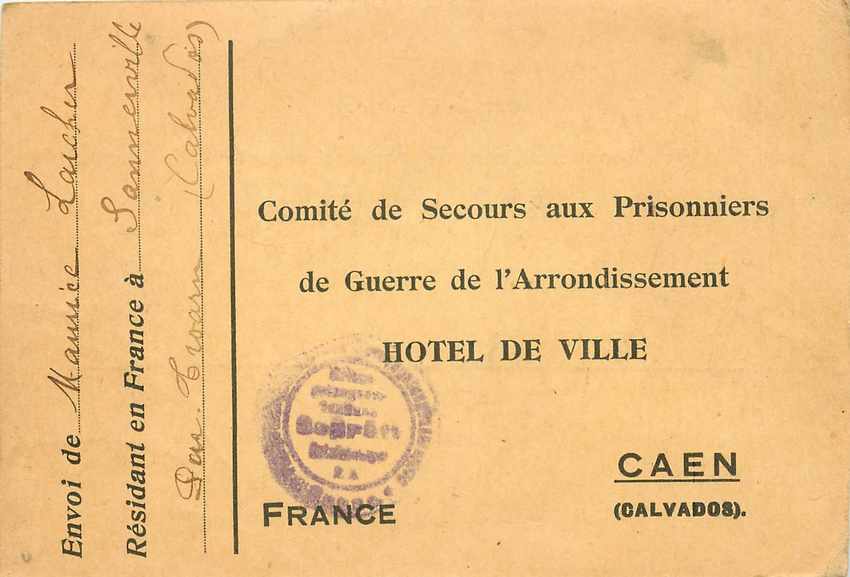 Carte  Comite de secours aux prisonniers de guerre Hotel de Ville Caen Calvados 1918