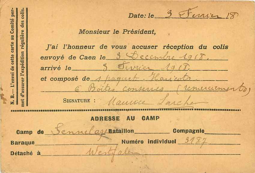 Carte  Comite de secours aux prisonniers de guerre Hotel de Ville Caen Calvados 1918 — Back