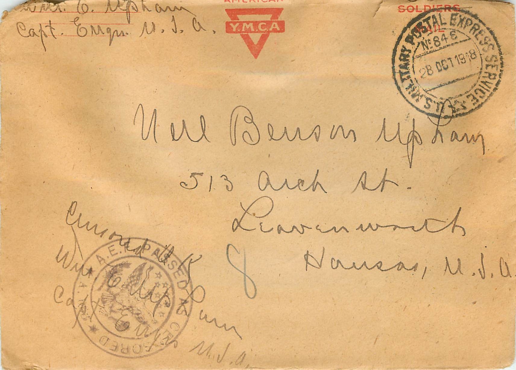 Lettre Cover YMCA US Army Censor 1919