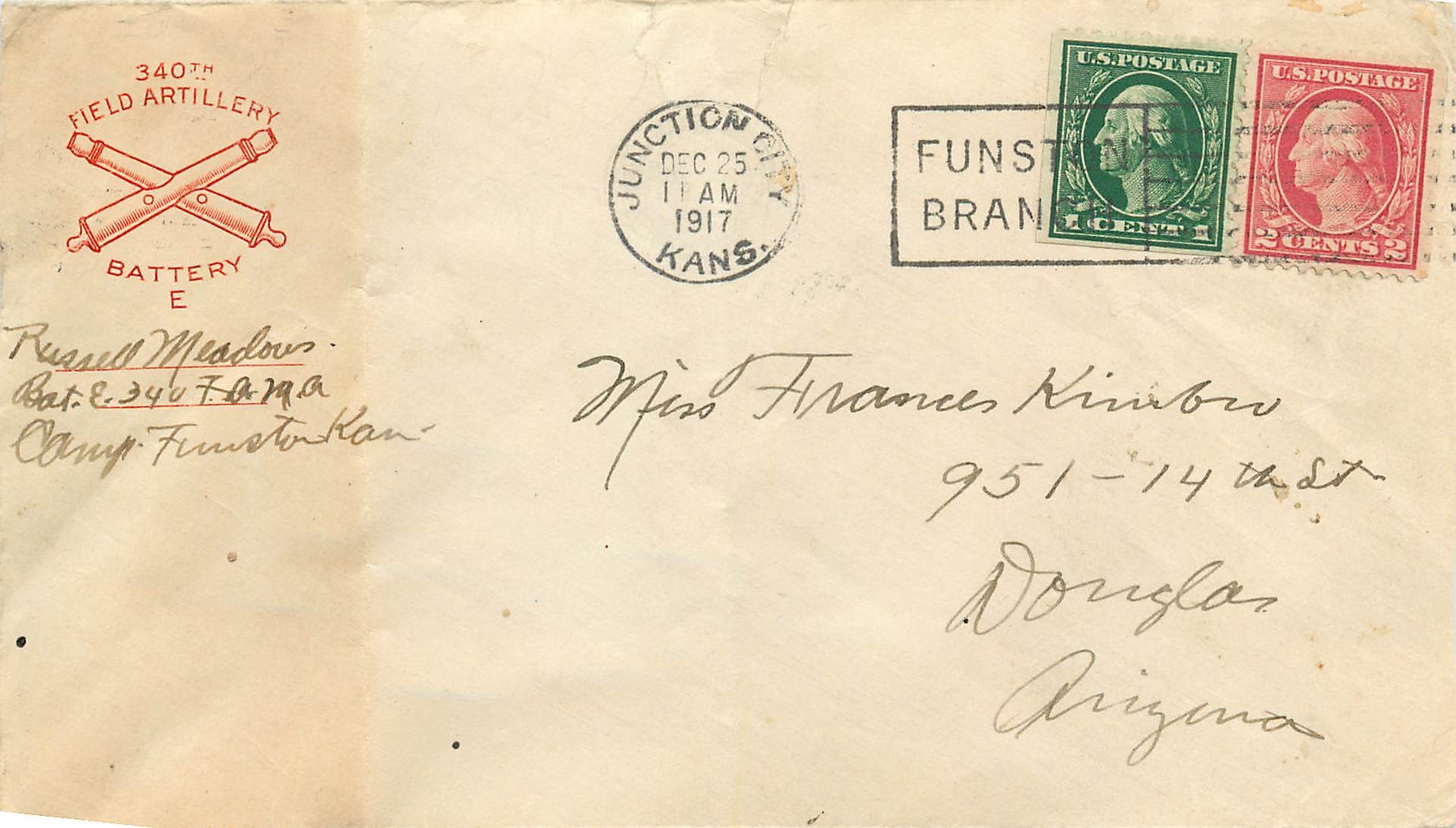 Lettre Cover  US Army 1917 340th Field Artillery Militaria