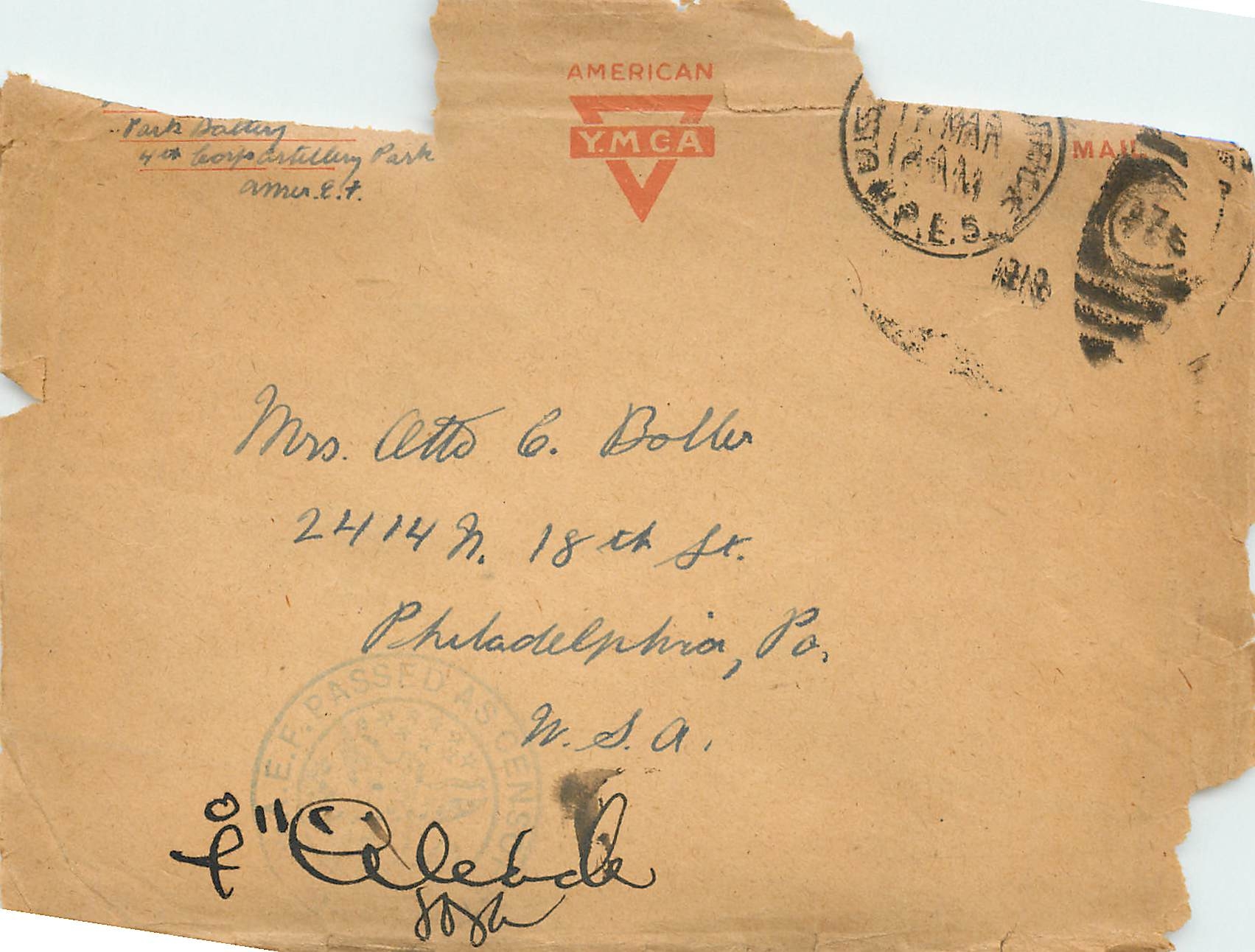 Lettre Cover  US Army Censor  YMCA 1919 