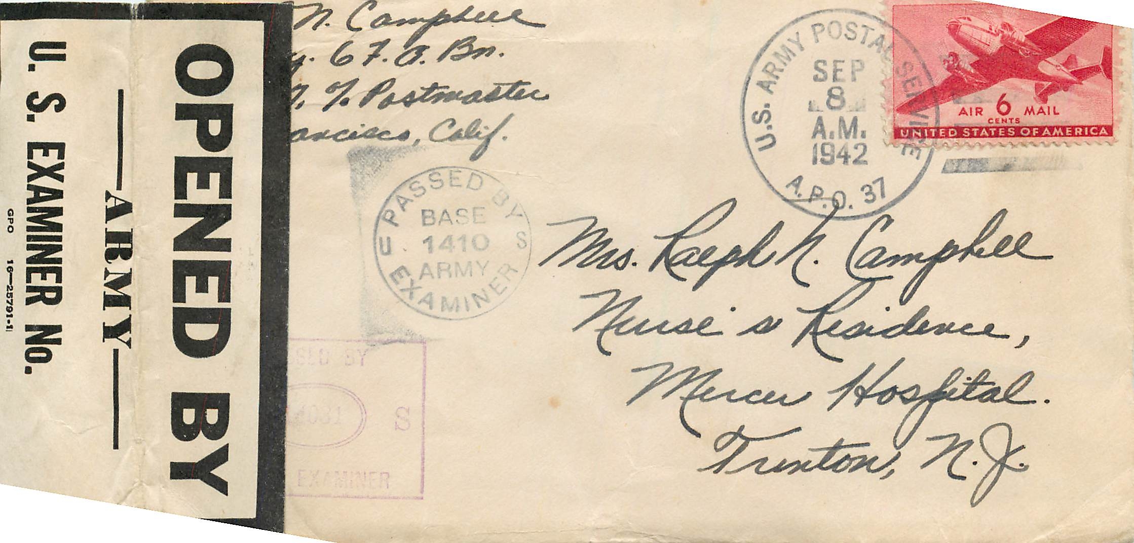 Lettre Cover  US Army Censor 1942