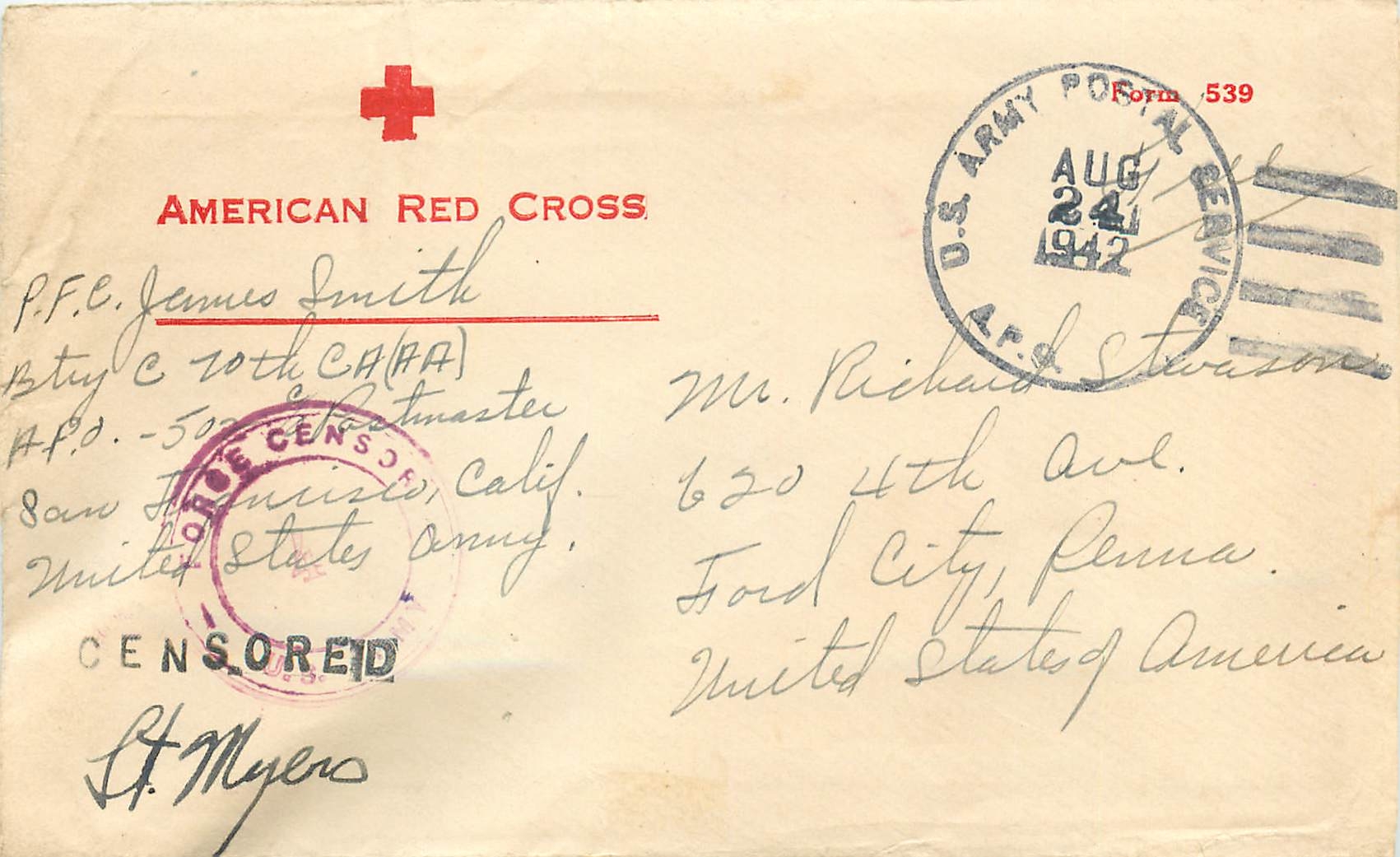 Lettre Cover  US Army Censor 1942 Red Cross