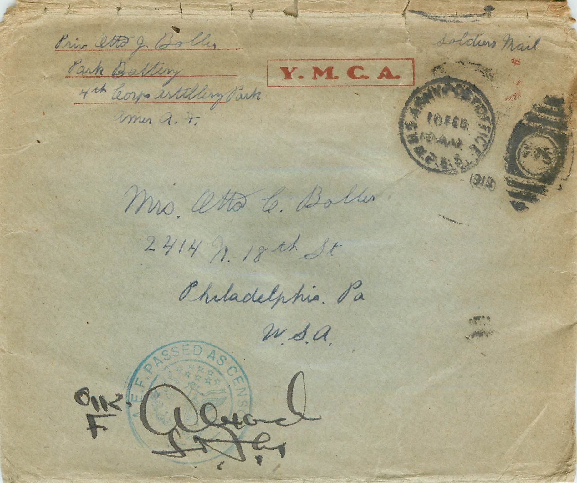 Lettre Cover  US Army Censor 1919