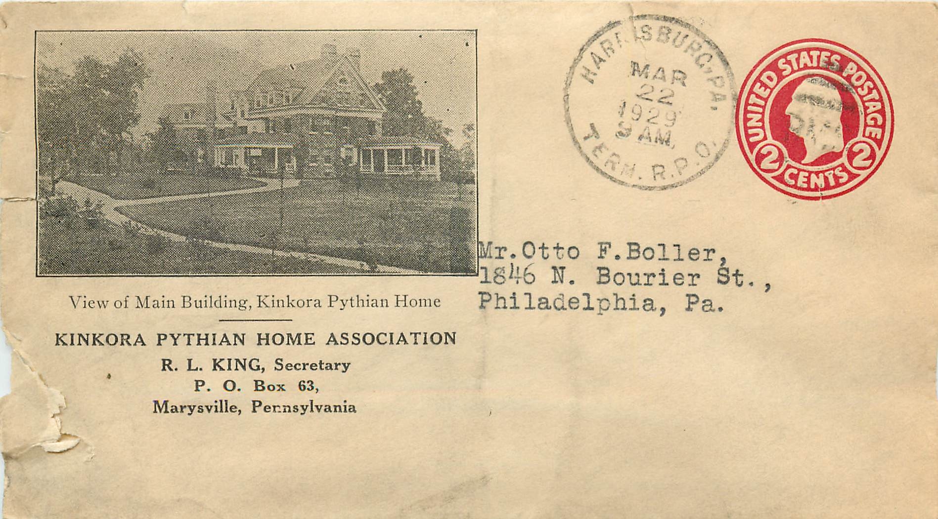 Lettre Cover  US 1929 Kinkora Pythian Home Marysville Pennsylvania
