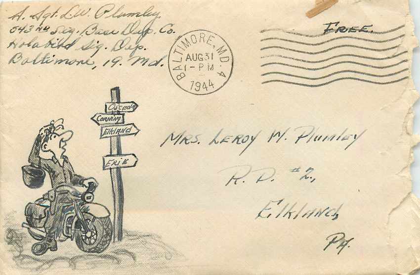 Lettre Cover US 1944 Dessin a la main Moto Elkland Erie 
