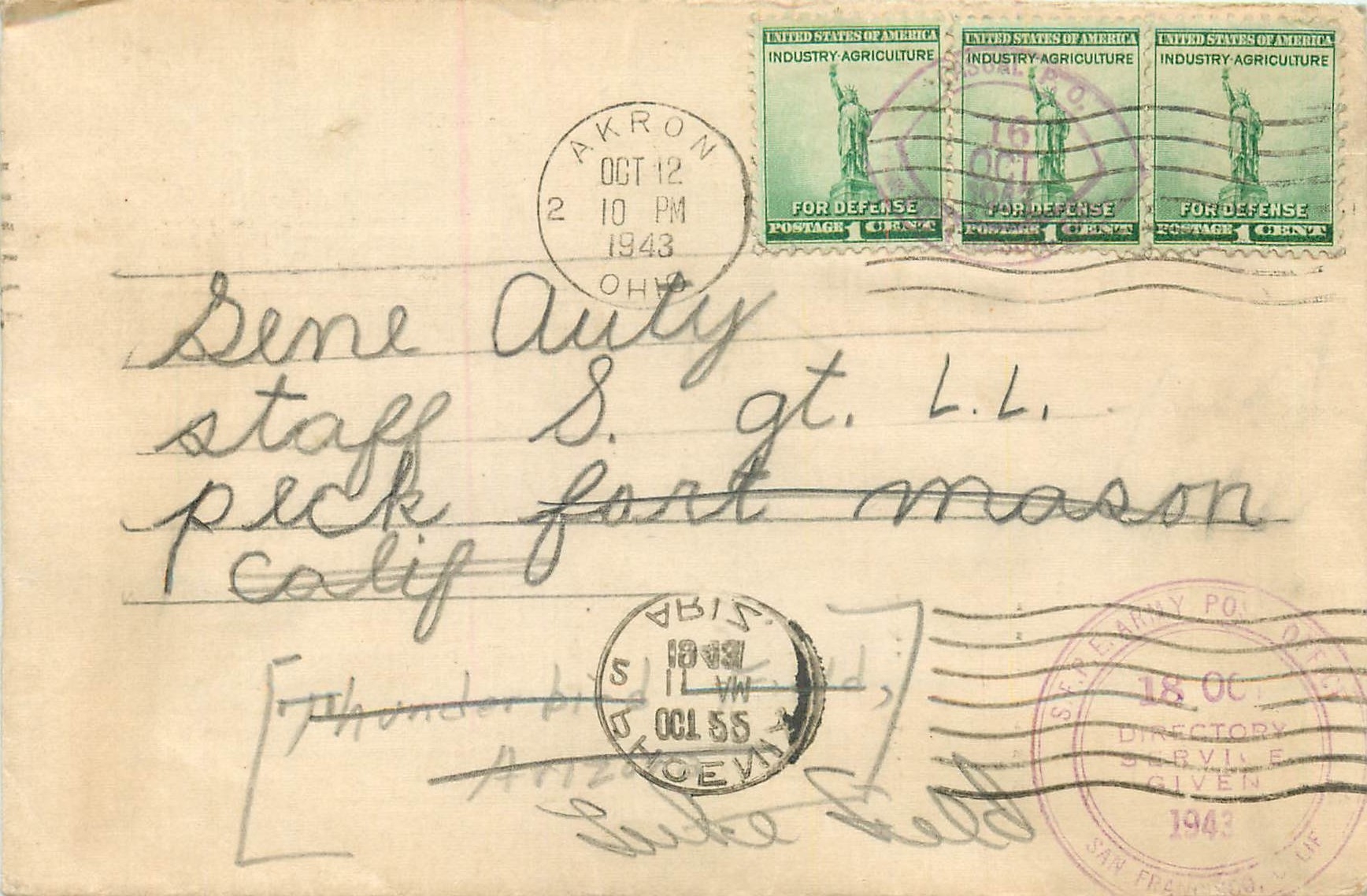 Lettre Cover US Censor 1943 US Censor Akron