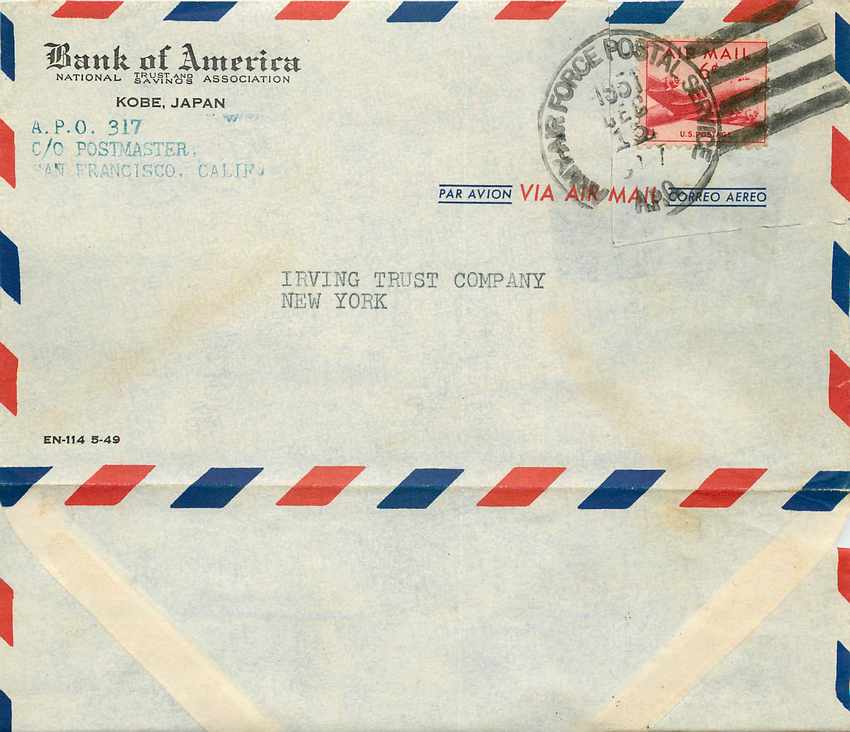 Lettre Cover US Army  1951 Bank of America Kobe Japan Nippon