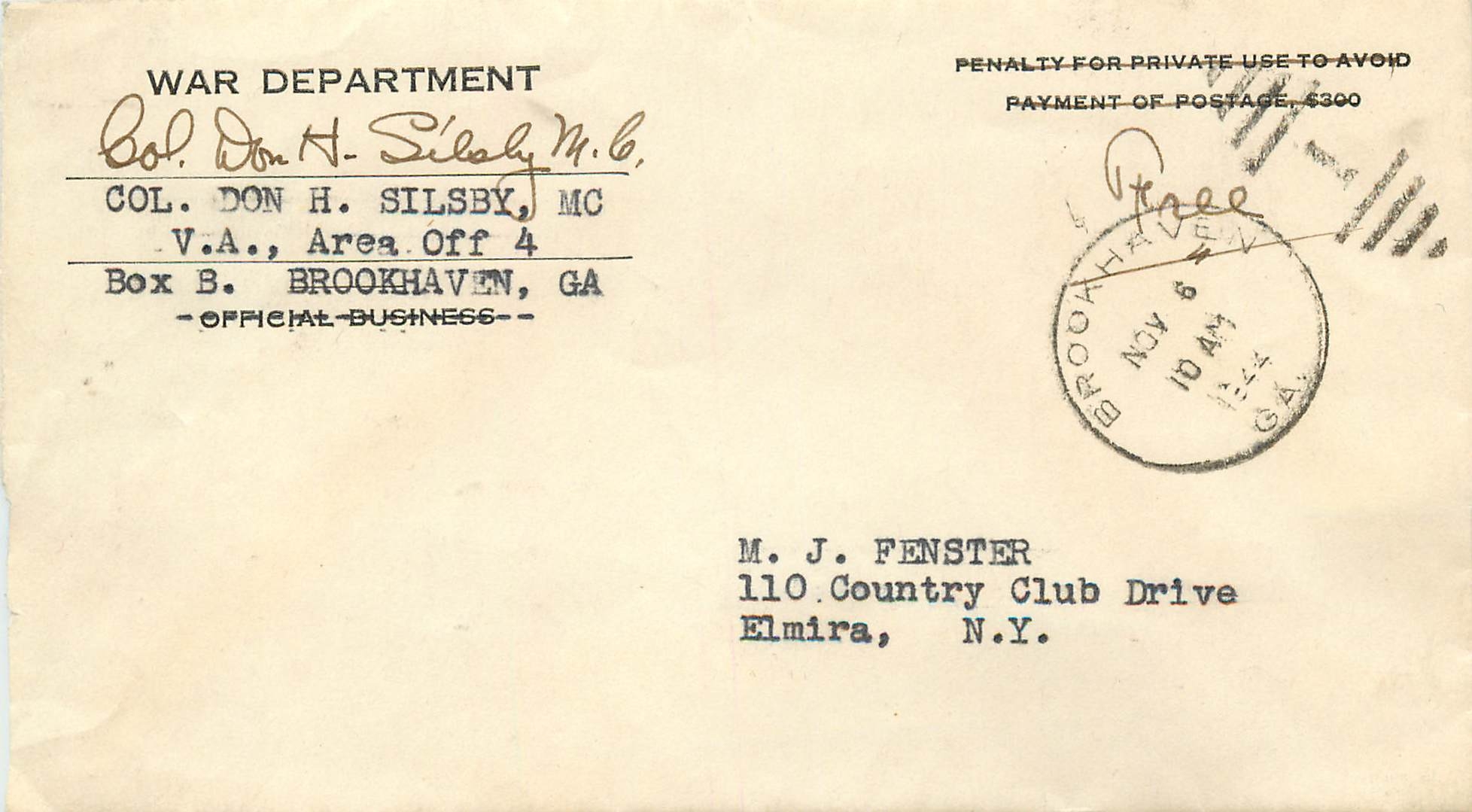 Lettre Cover US Army  1944 War departement 