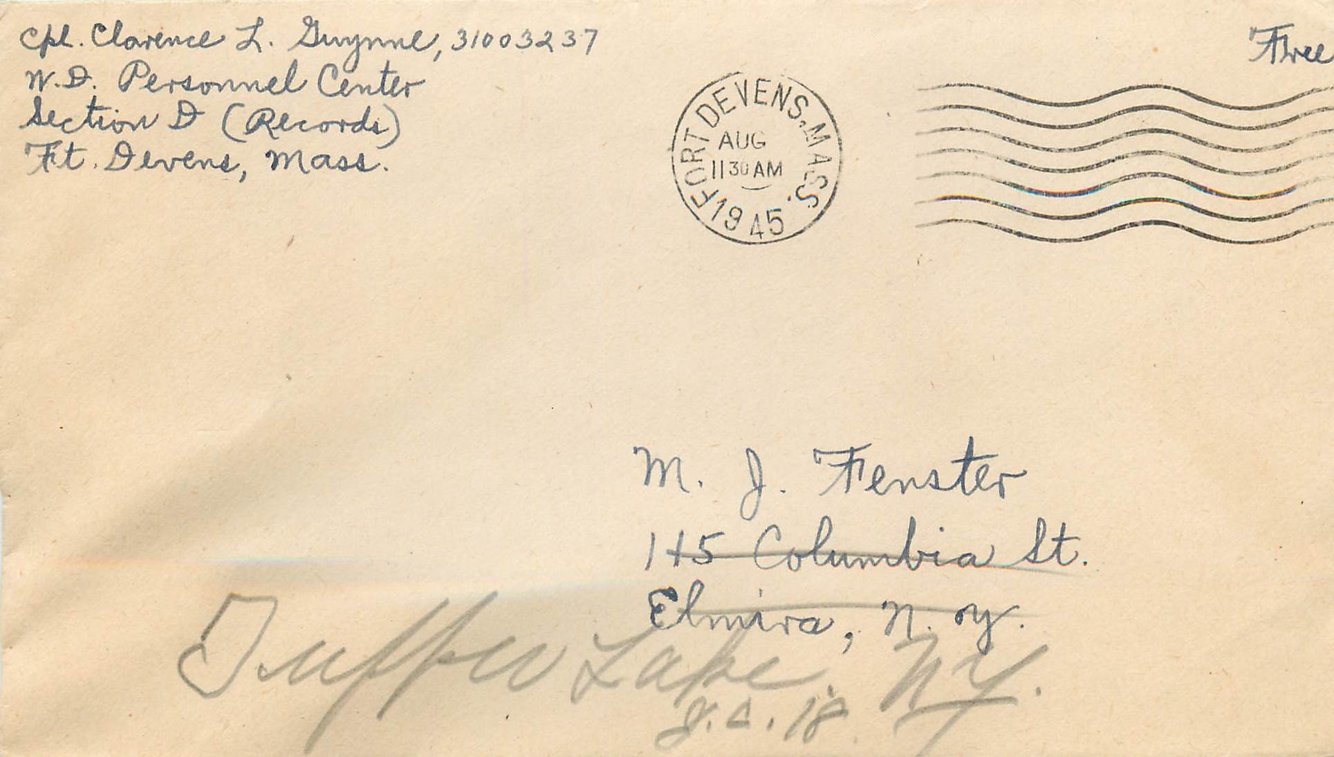 Lettre Cover US Army  Fort Devens 1945