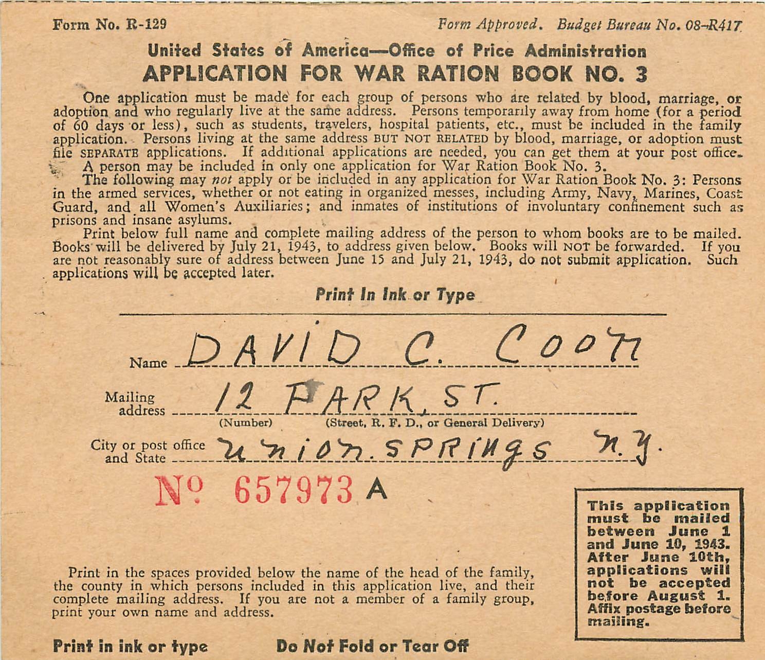 Application for War ration Book New York Militaria 
