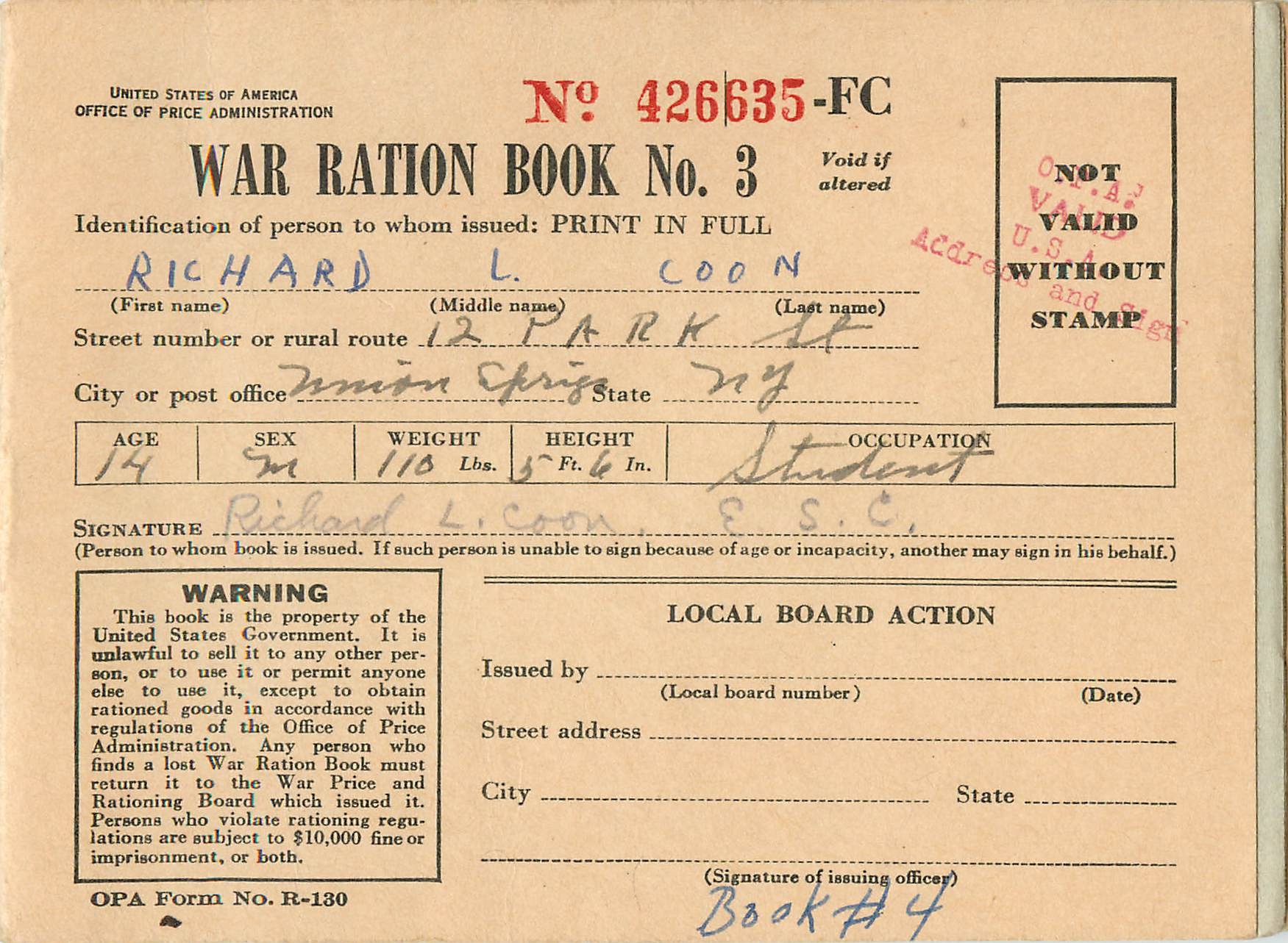War ration Book Etats-Unis Carnet de rationnement Militaria (avec timbres a l'interieur)