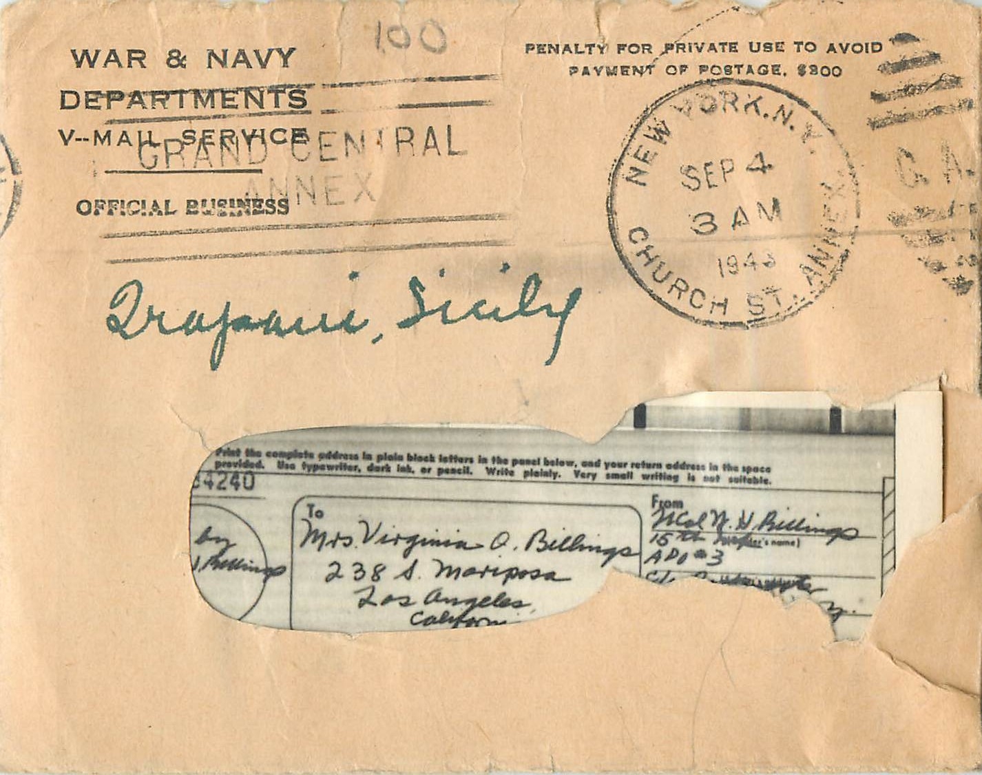 Lettre Cover New York War & Navy departments V Mail 1943