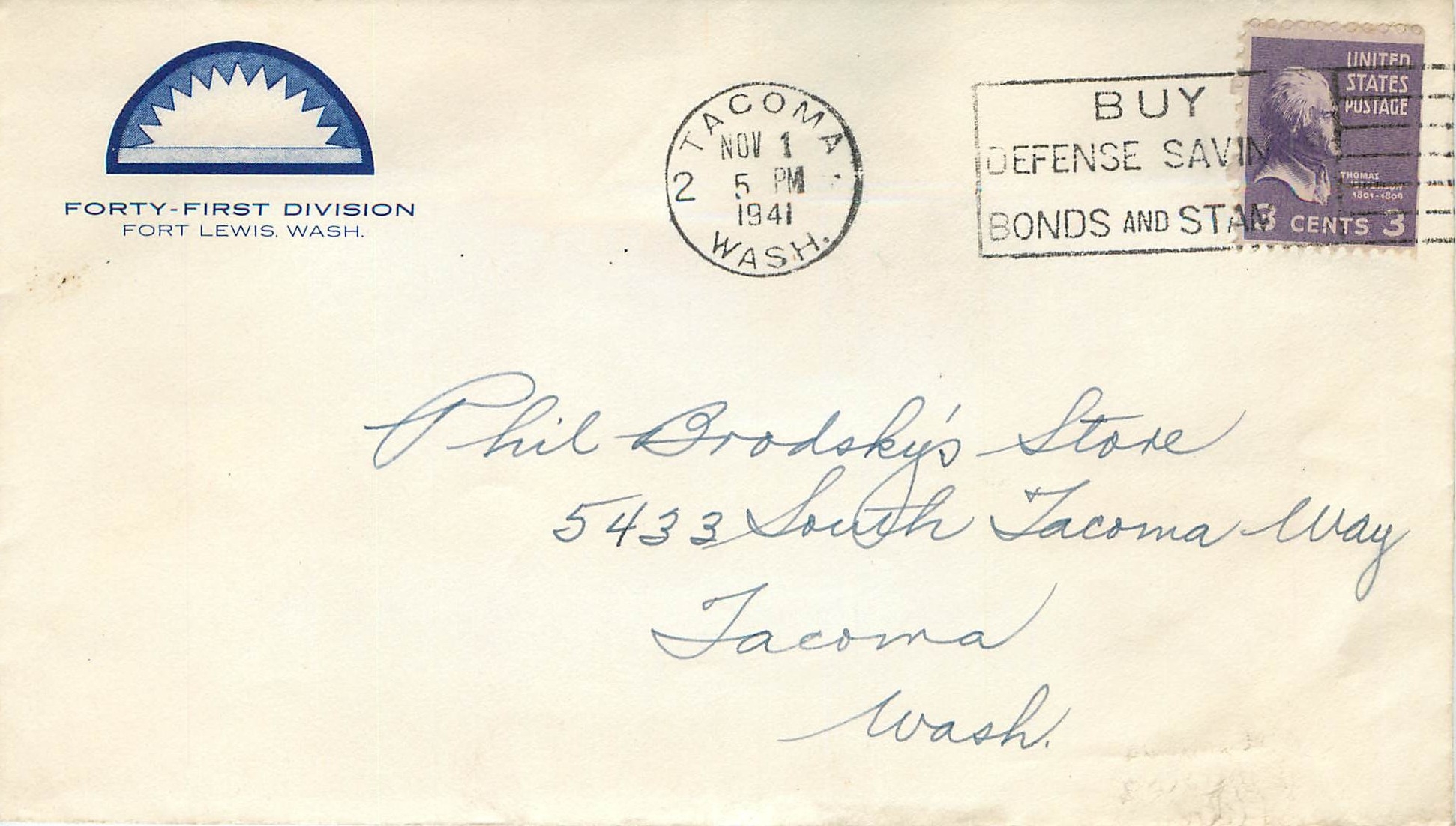 Lettre Cover US Mail Buy Defense Saings Bonds Tacoma Forty First Division Fort Lewis Wash 1941