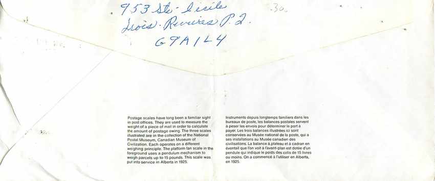 Balances postales — Musée canadien de la civilisation — Éditeur : Postes Canada, n° de série 39 — Verso