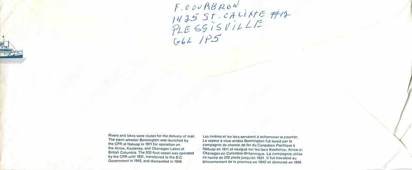 Vapeur à roue arrière Bonnington — Canada 32 — éditeur PLEGGISVILLE — Rückseite