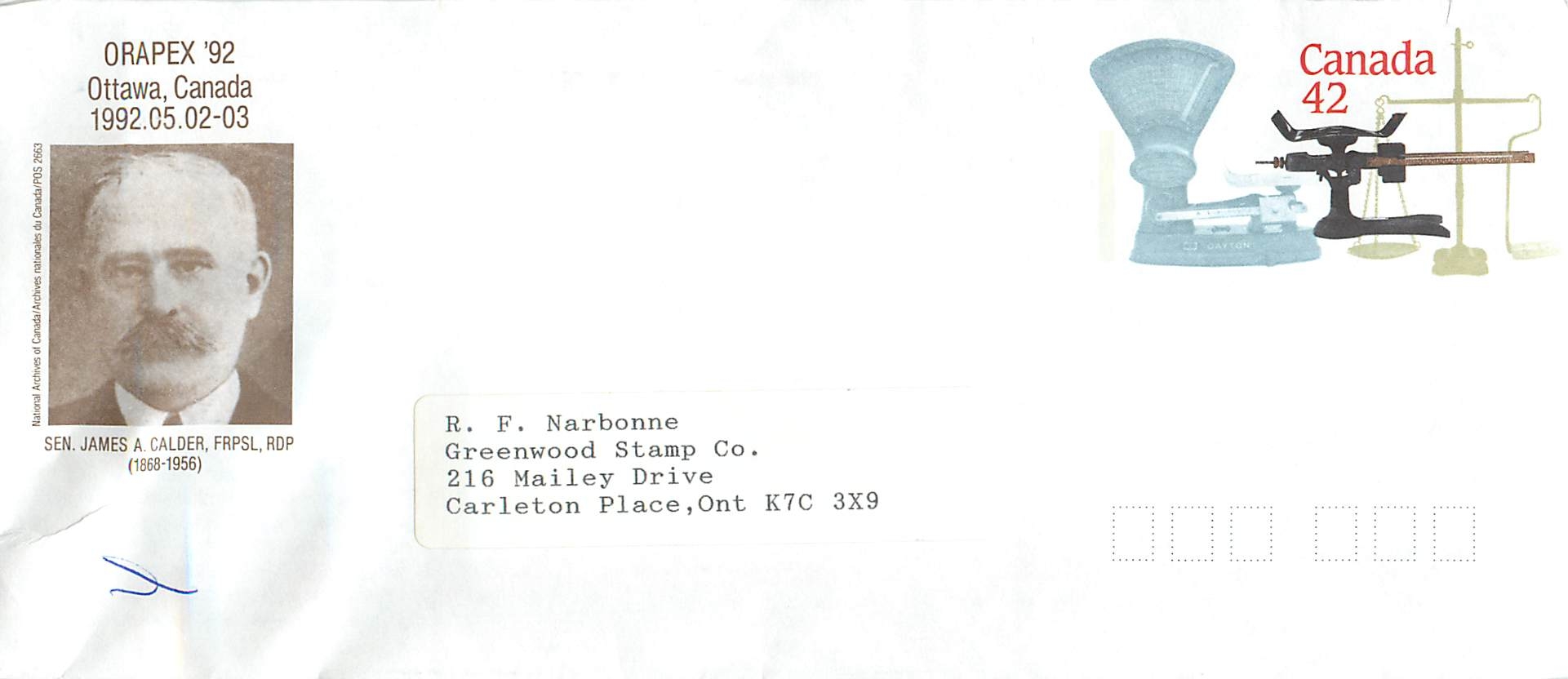 Scales et portrait de Sen. James A. Calder — Ora Apex '92 — National Archives of Canada