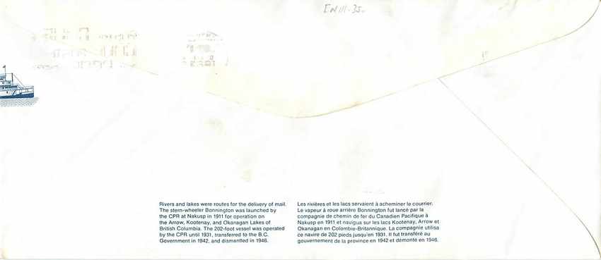 Bonneville à Nakusp — vapeur Arrow et Bonnington — Canada Post — Rückseite