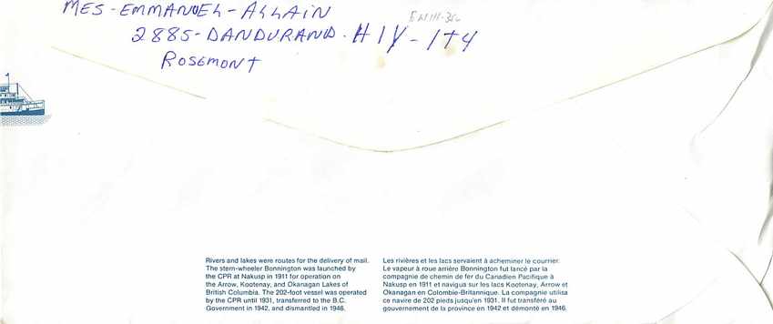 Vapeur Bonnington — lac Okanagan — éditeur Canada Post — Rückseite