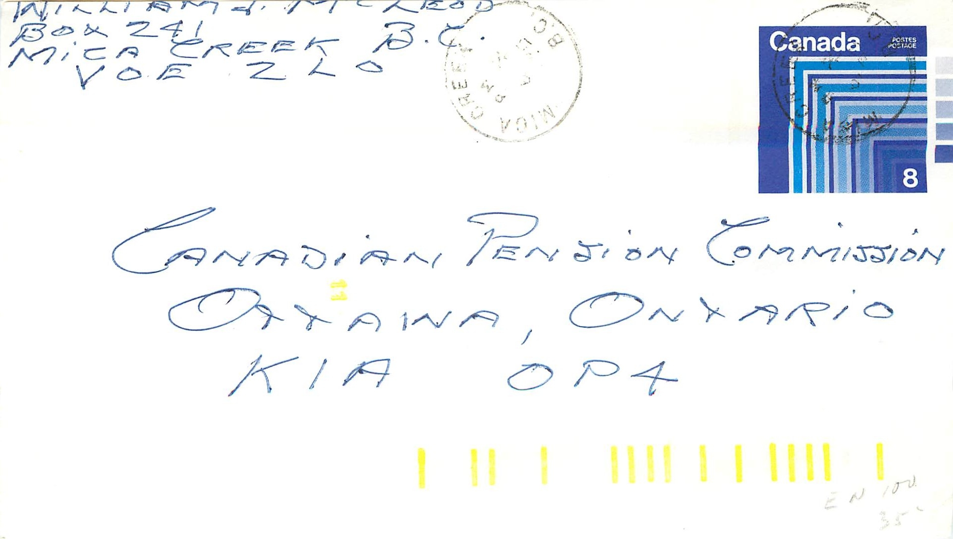 Mica Creek, B.C. — carte postale envoyée à la Canadian Pension Commission à Ottawa — timbre Canada 8c
