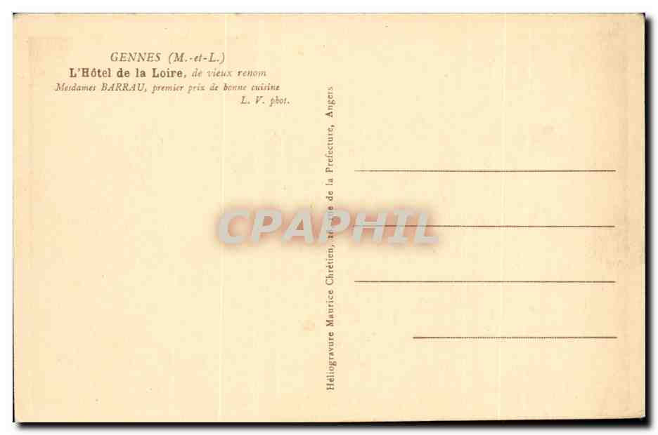 Gennes- L'Hotel de la Loire de vieux renom Madame Barrau premier prix de bonne cuisine -CPA — Rückseite