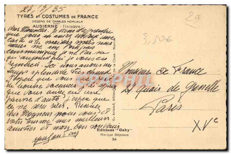 Types et costumes de France CPA Audierne (folklore) — Rückseite