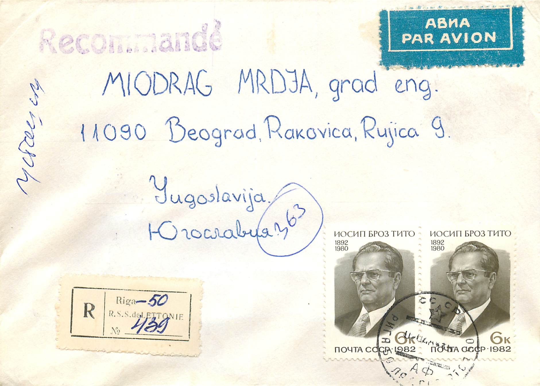 Russie Russia Lettre Cover Tito Yougoslavie