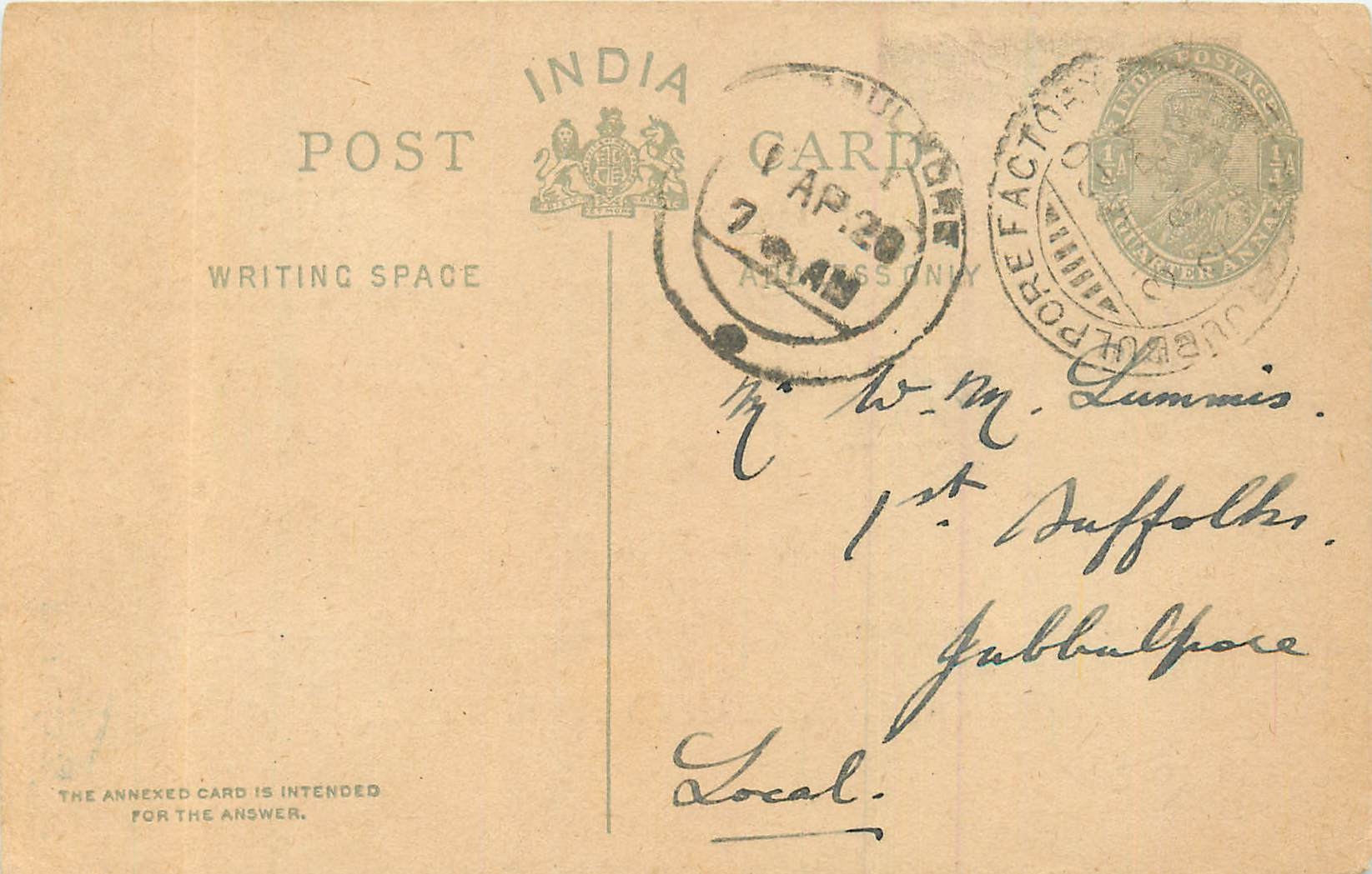 Inde India Postal Stationary Cover Card George V