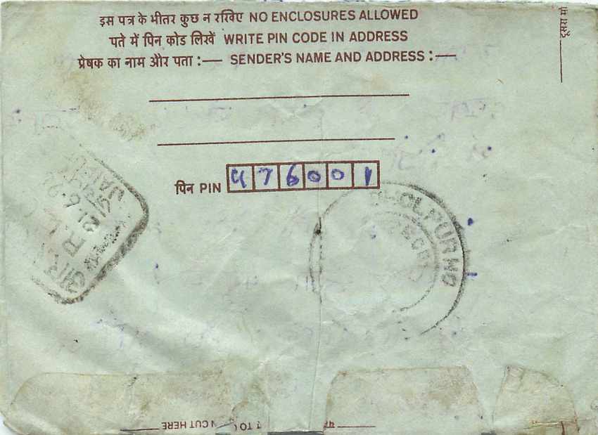 Cover Aerogramme Lettre Aerogramme Inde — Verso