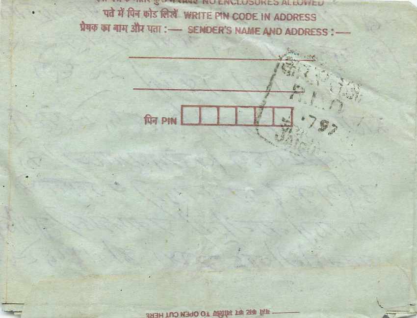 Cover Aerogramme Lettre Aerogramme Inde India  — Verso