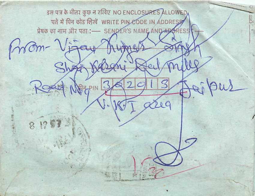 Cover Aerogramme Lettre Aerogramme Inde India  — Verso