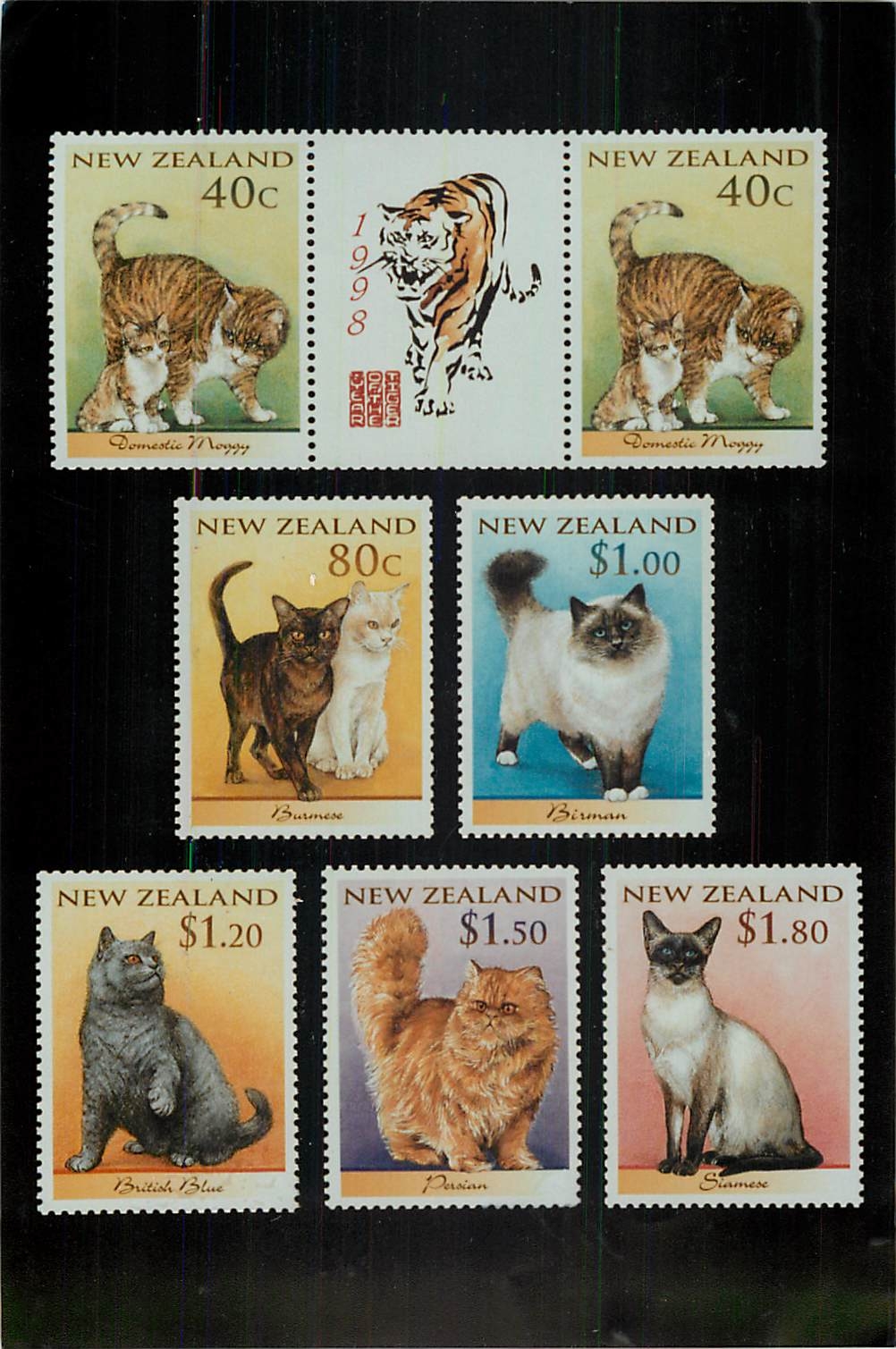 Série de timbres neufs de Nouvelle-Zélande — chats et tigre — 1998