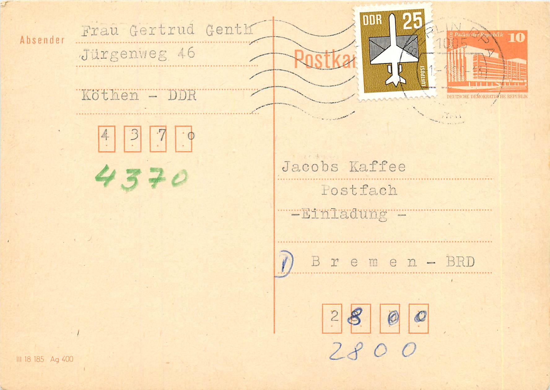 Allemagne DDR Entier Postal Postal Stationary 