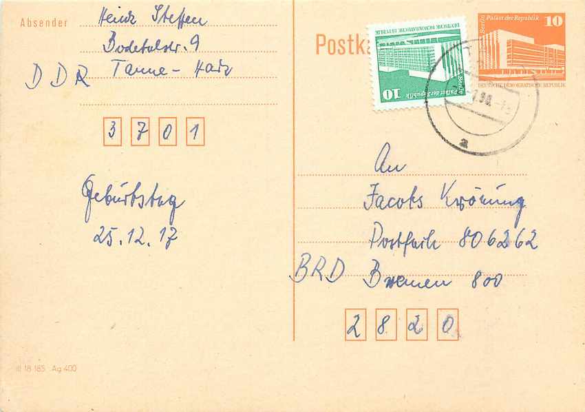 Allemagne DDR Entier Postal Postal Stationary 