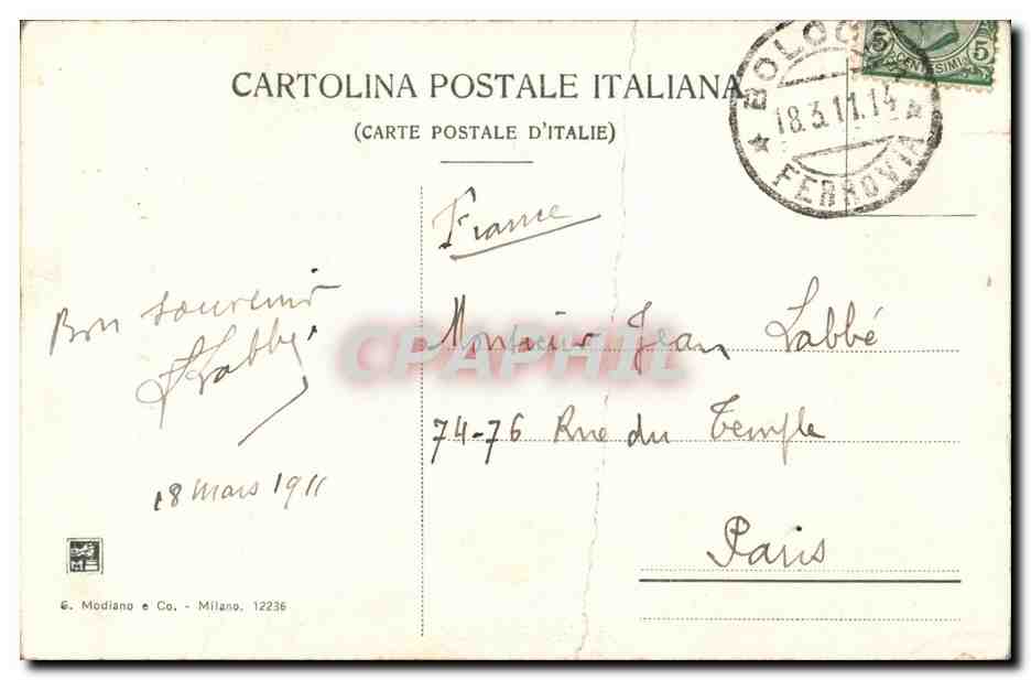 CPA Italie Italia Bologna Via Orefici — Rückseite