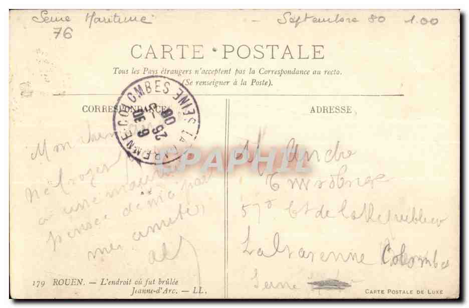 Rouen CPA L'endroit ou fut brulee Jeanne d'arc — Verso