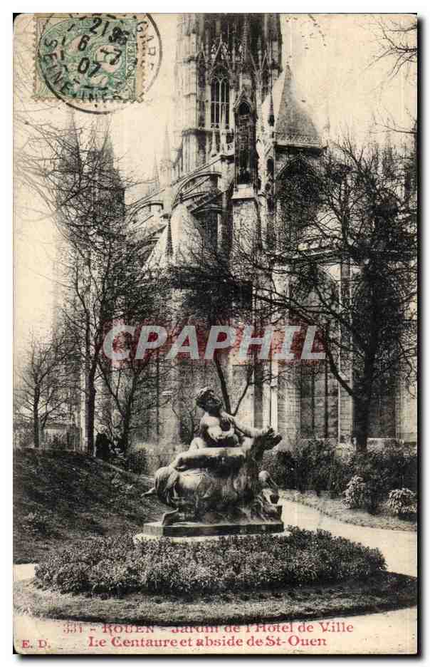 Rouen CPA Jardin de l'hotel de ville La centaure et abside de St Ouen
