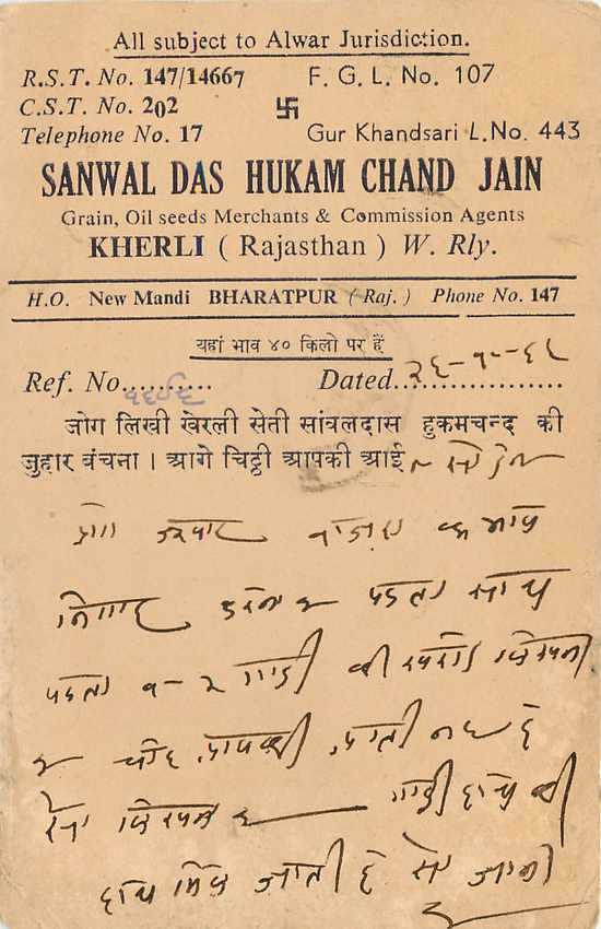 Inde India Jaipur Entier Postal Stationary  — Verso