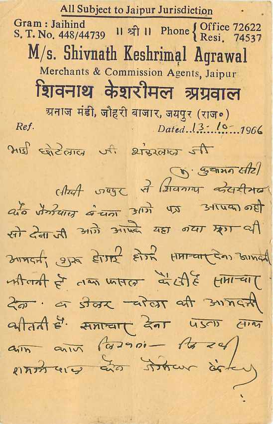 Inde India Jaipur Entier Postal Stationary  — Verso